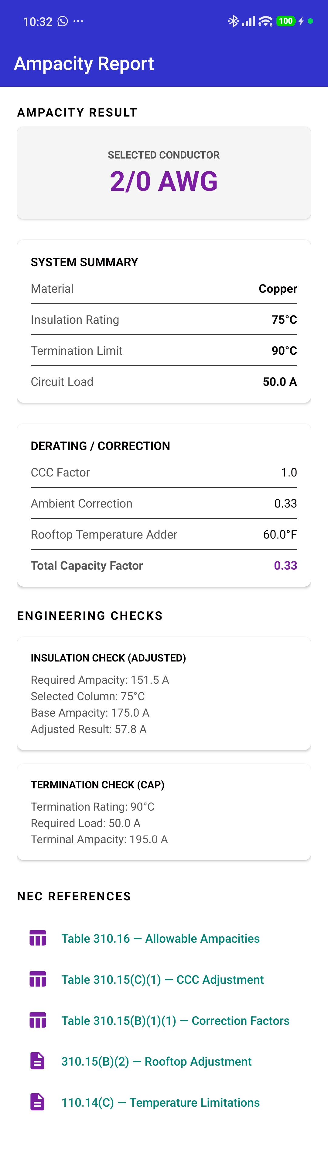 Electrician Bible ampacity and conductor sizing report