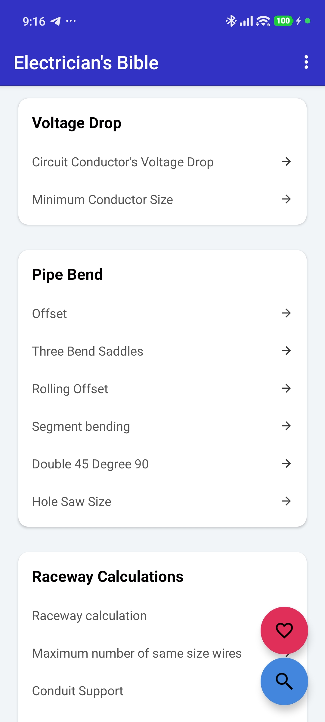 Electrician Bible Android app showing electrical calculators and conduit bending tools