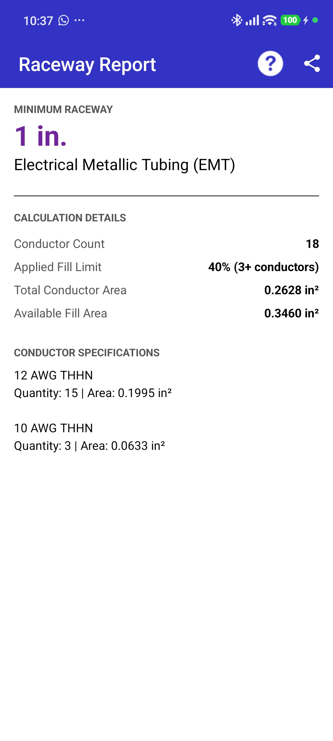 Electrician Bible raceway fill report