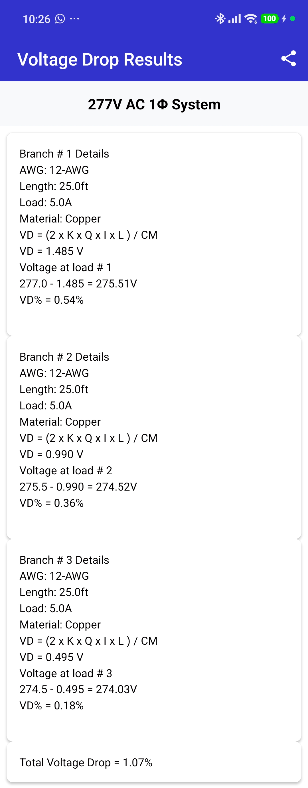 Electrician Bible voltage drop calculation results